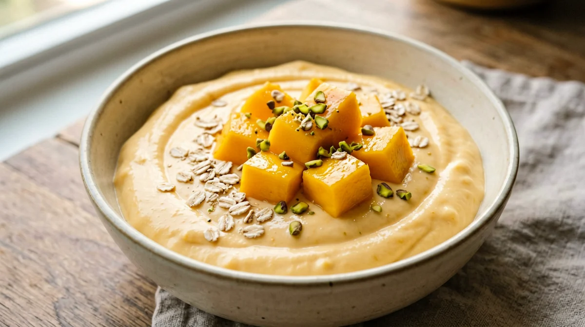 Mango cardamom lassi bowl with pistachios