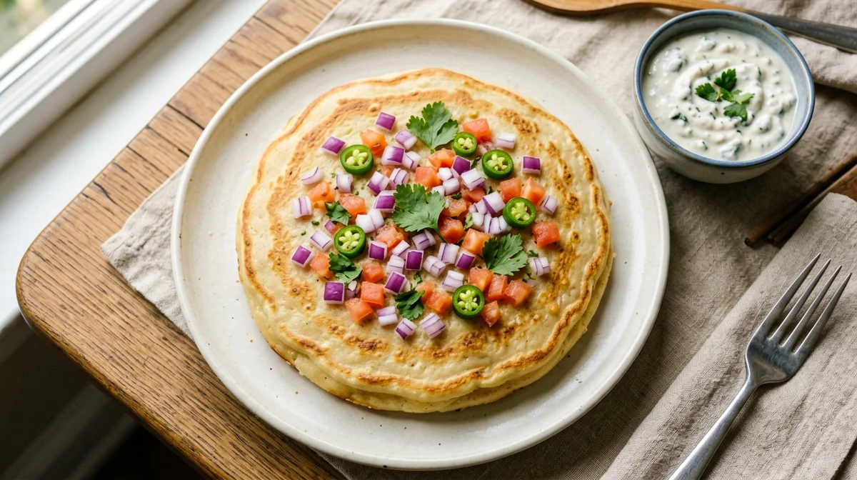 Uttapam istantaneo di semola con pomodoro e cipolla