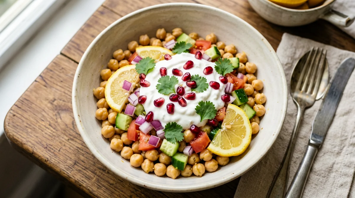 Breakfast chana chaat with chickpeas, pomegranate and yogurt