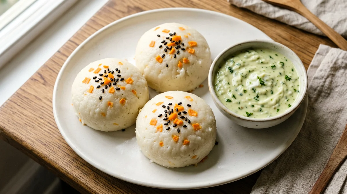 Steamed rava idli with coconut chutney