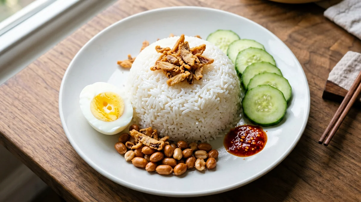 Nasi lemak leggero con uovo, cetriolo e arachidi