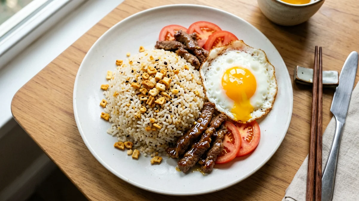 Light tapsilog with marinated beef, garlic rice and egg