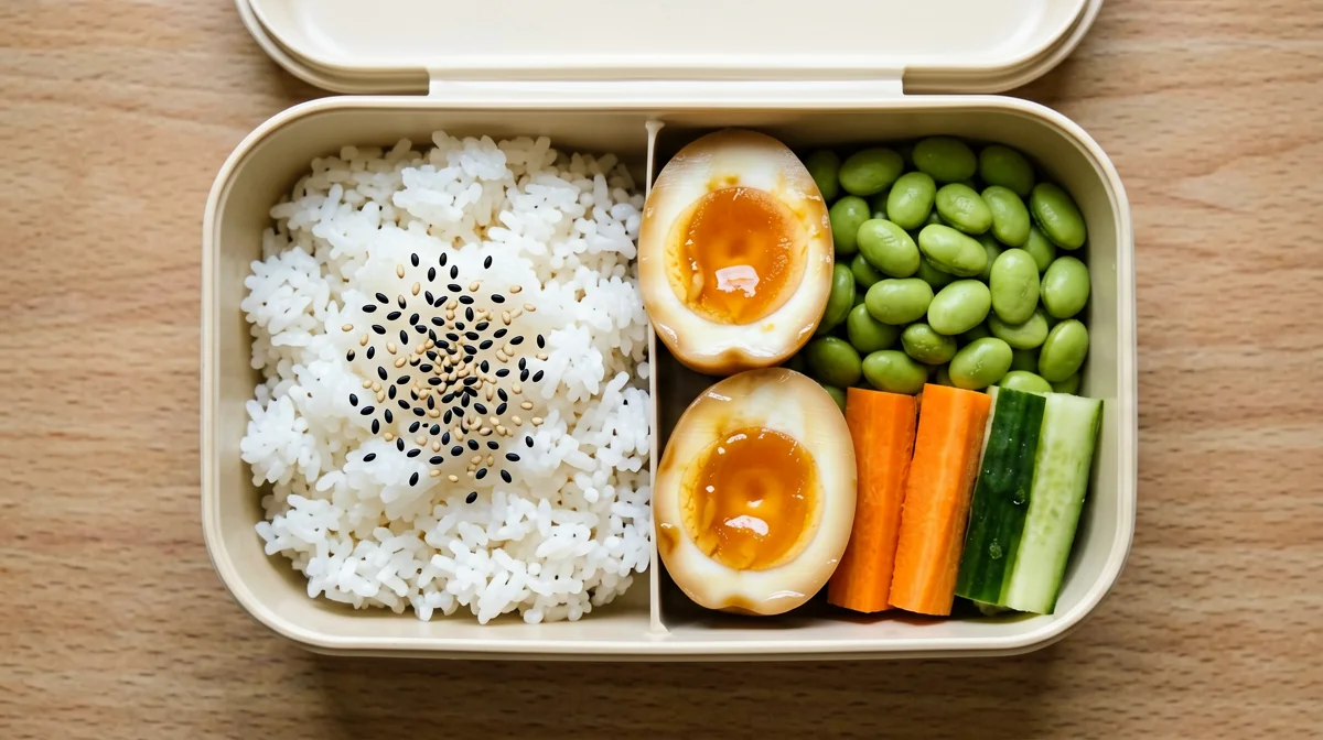 Bento da colazione con uova, edamame e riso al sesamo
