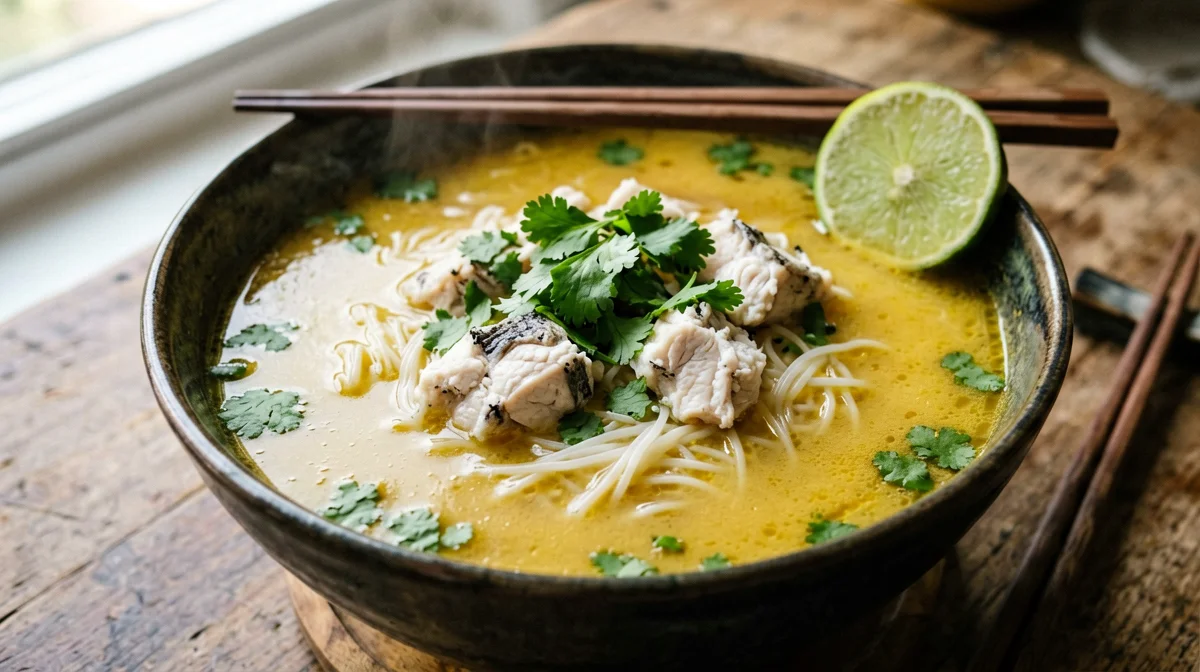 Burmese mohinga with cod and rice noodles