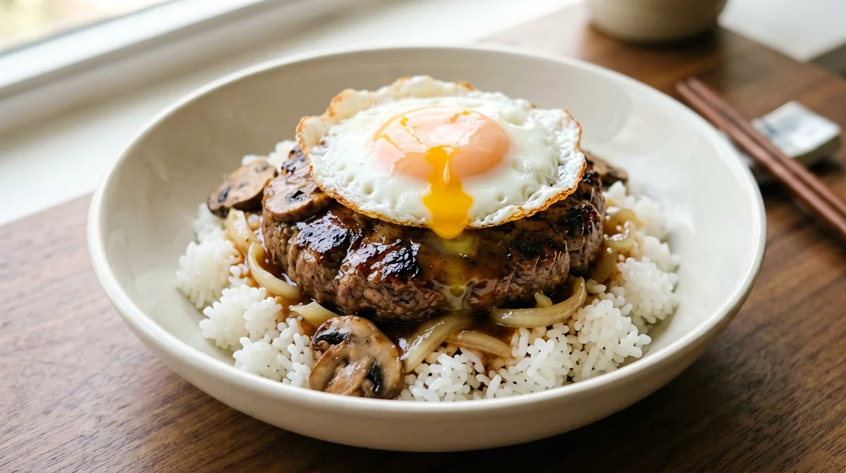 Loco moco leggero hawaiano con burger magro, riso e uovo