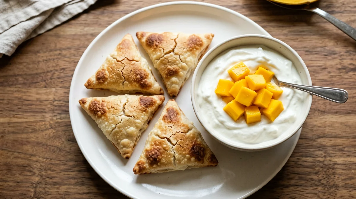 Baked cardamom mandazi with yogurt and mango