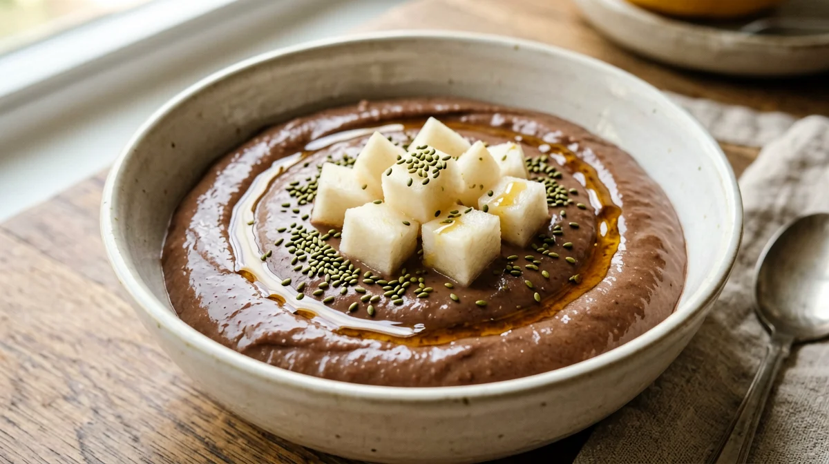 Crema di riso al cacao con pera e semi di canapa
