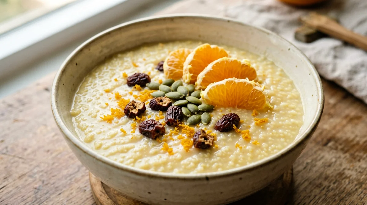 Orange millet porridge with dates and cardamom