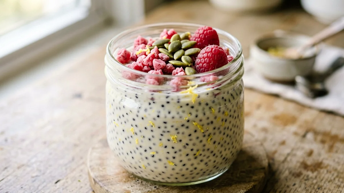Budino di chia alla soia con lamponi e scorza di limone