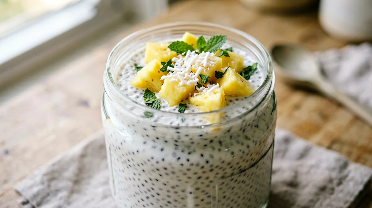 Budino di chia al cocco con ananas e menta