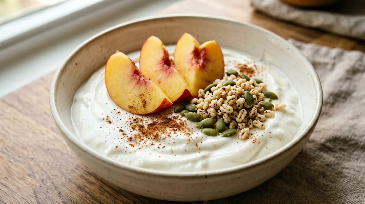Yogurt di soia con pesche, semi di zucca e cannella
