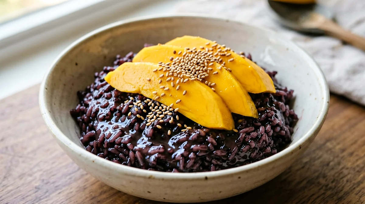 Riso Venere al cocco con mango e semi di sesamo