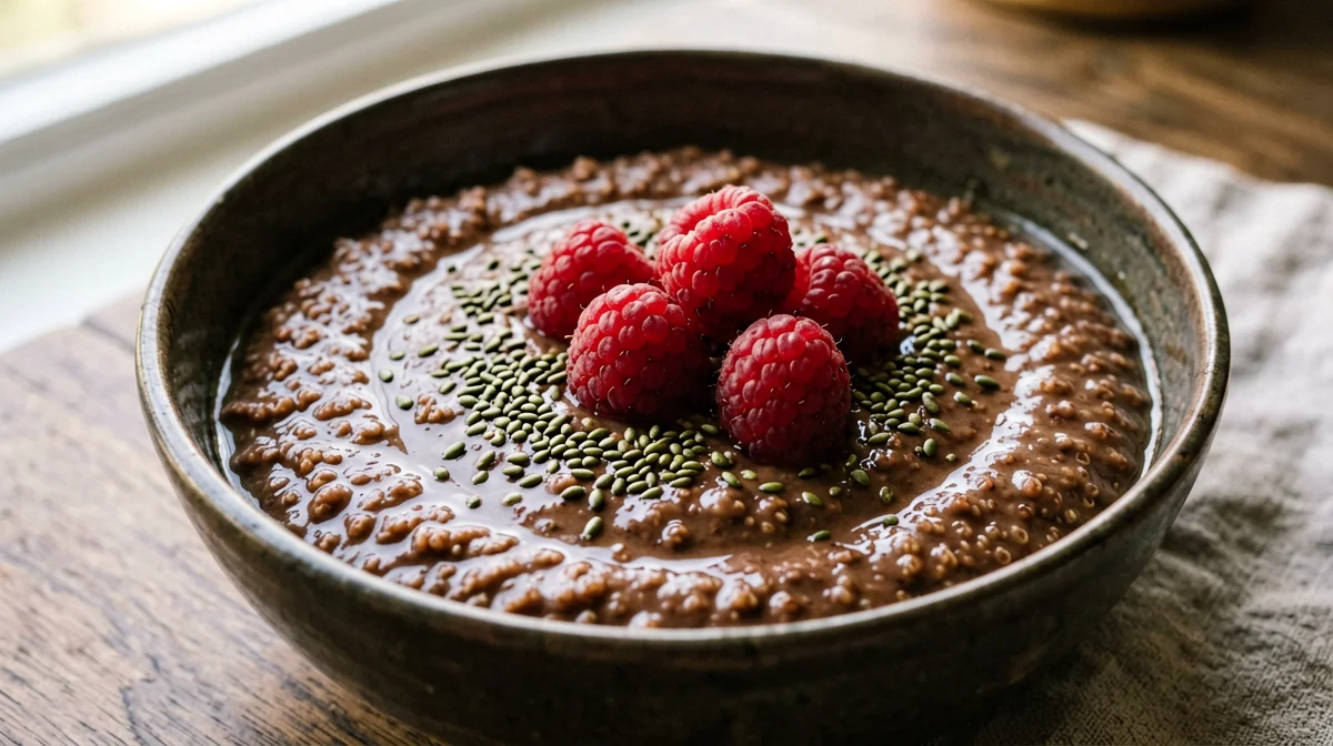 Porridge di quinoa al cacao con lamponi e semi di canapa