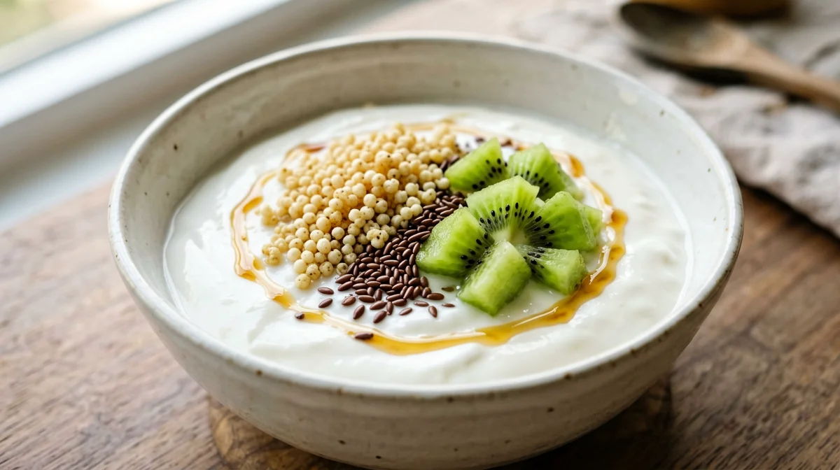 Yogurt di soia con miglio soffiato, kiwi e semi di lino