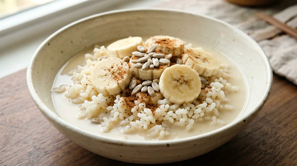 Riso soffiato con bevanda di soia, banana e semi di girasole