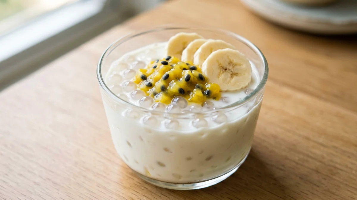 Coconut tapioca pudding with passion fruit