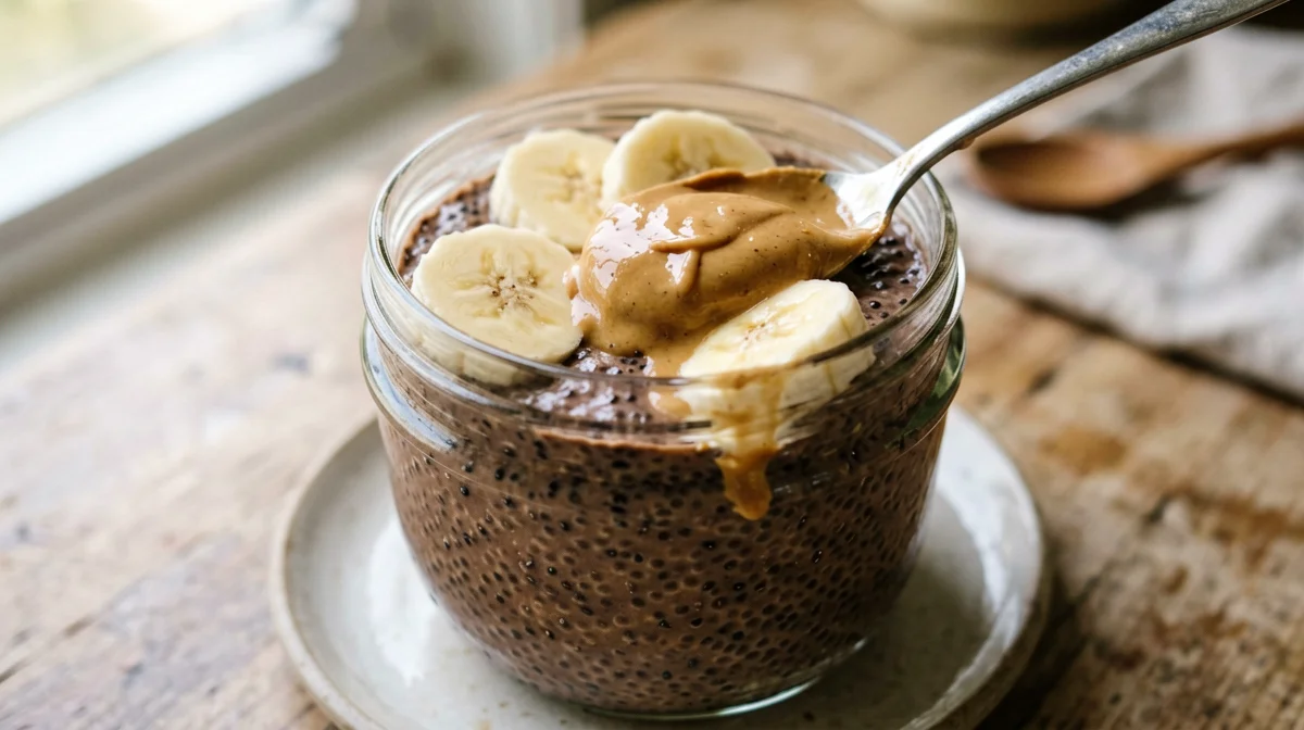Budino di chia al cacao con banana e burro di arachidi