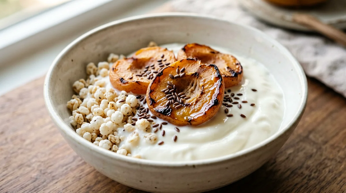 Soy yogurt with baked apricots and flaxseed