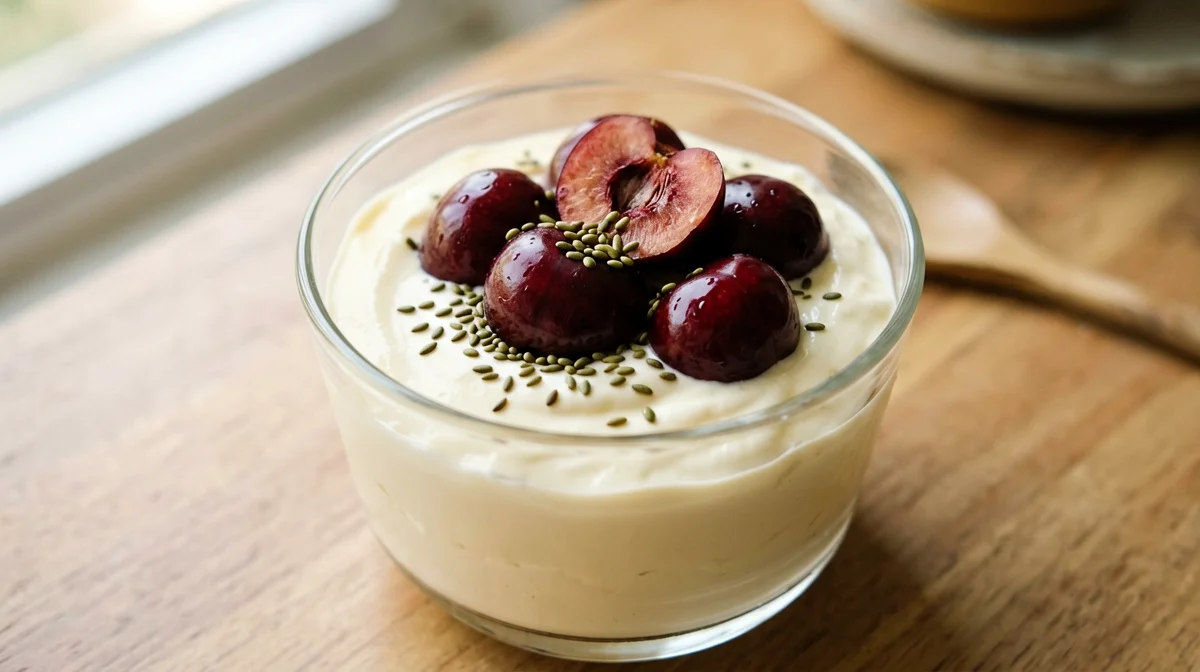 Soy yogurt and silken tofu cup with cherries