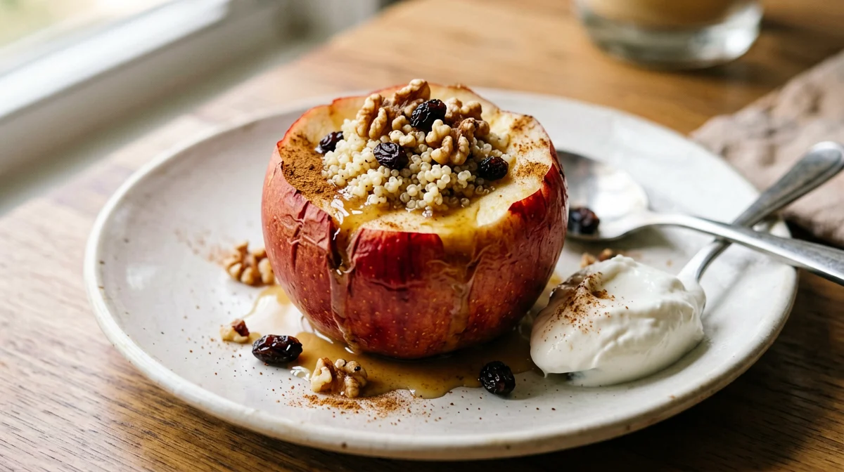 Baked apple stuffed with quinoa, walnuts and cinnamon