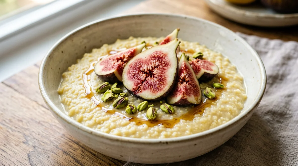 Creamy almond-milk millet with figs and pistachios