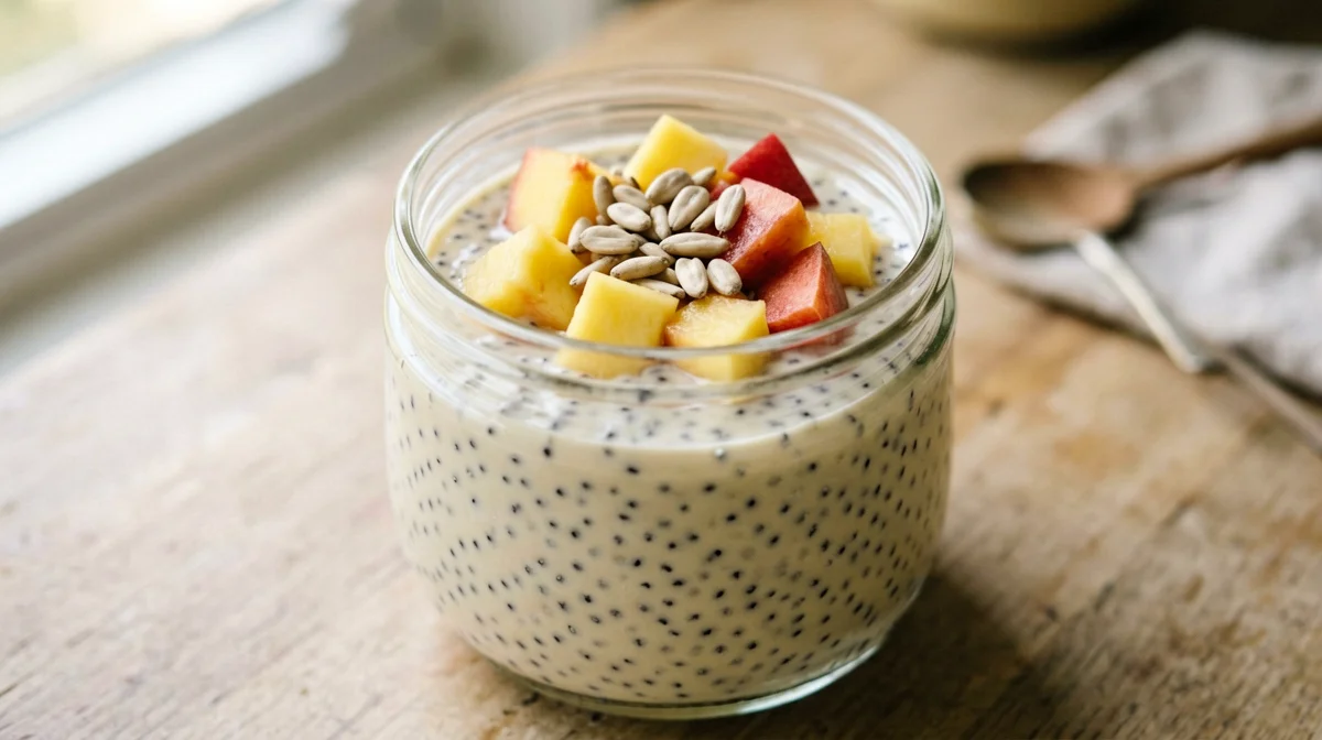 Budino di chia alla vaniglia con pesche noci