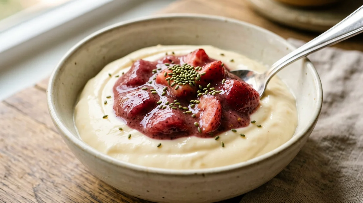 Vanilla rice cream with rhubarb and strawberry compote