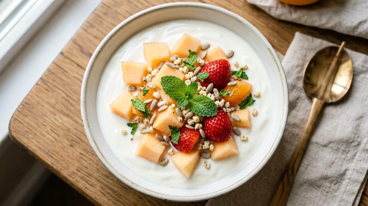 Summer fruit salad with soy yogurt, mint and sunflower seeds