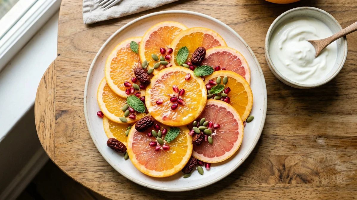 Citrus and pomegranate salad with dates and pumpkin seeds