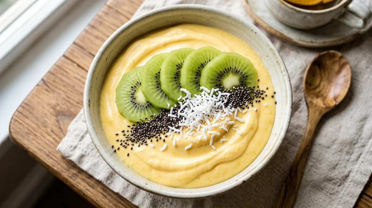 Smoothie bowl di mango, banana e cocco con semi di chia