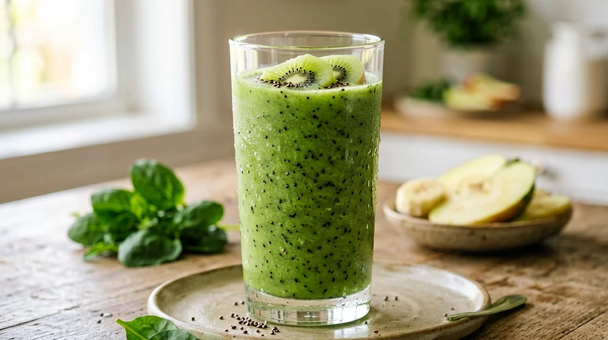 Green spinach, kiwi, apple and hemp smoothie