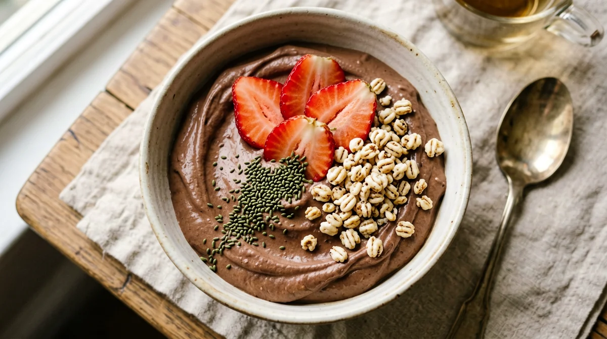 Cocoa smoothie bowl with banana and hemp seeds