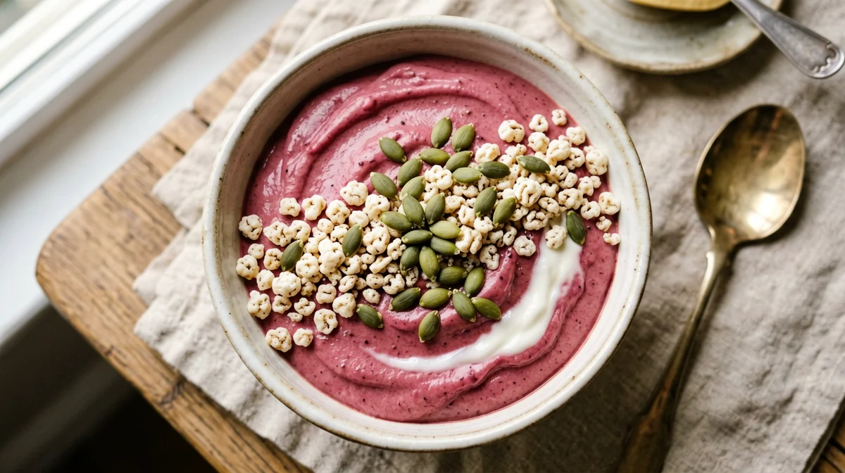 Smoothie bowl di fragole e barbabietola con riso soffiato