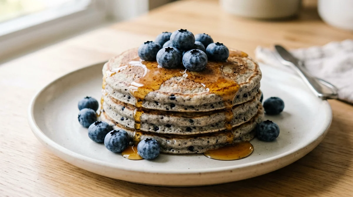 Pancake di grano saraceno con mirtilli e sciroppo d'acero