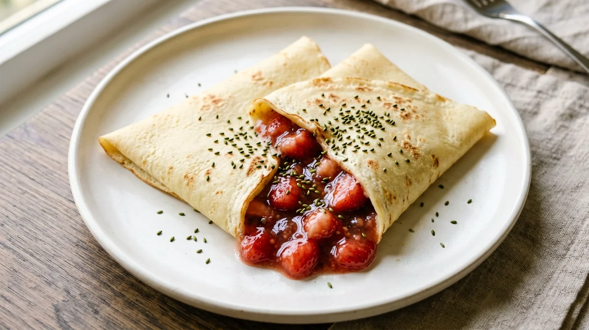 Rice flour crêpes with warm strawberry compote