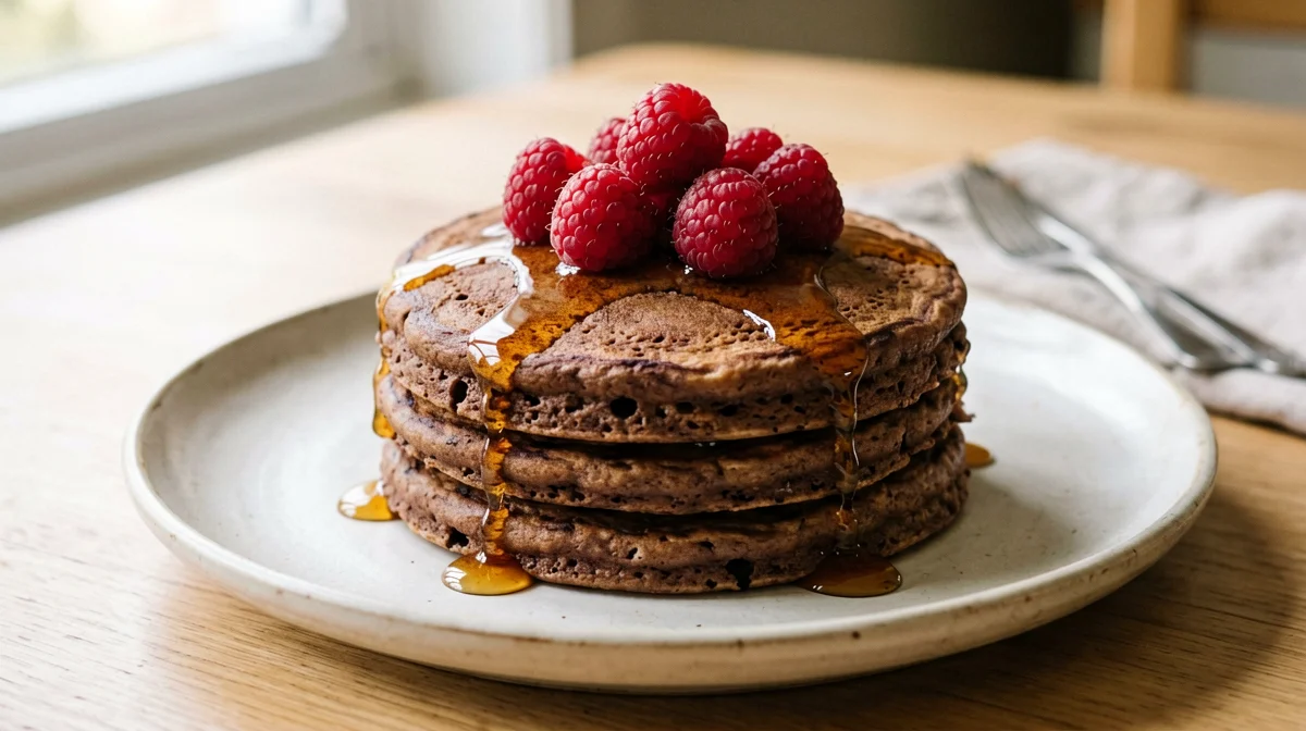 Pancake di farina di soia al cacao con lamponi