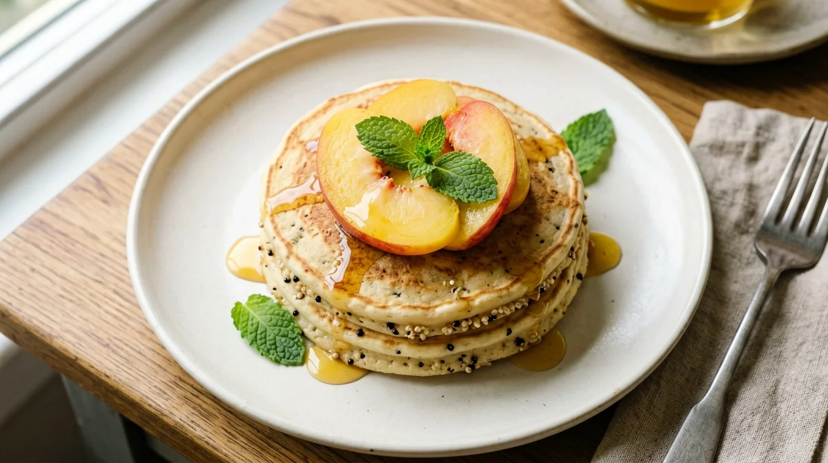 Quinoa and rice flour pancakes with nectarines and mint