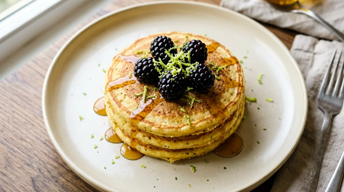 Cornmeal pancakes with blackberries and lime zest