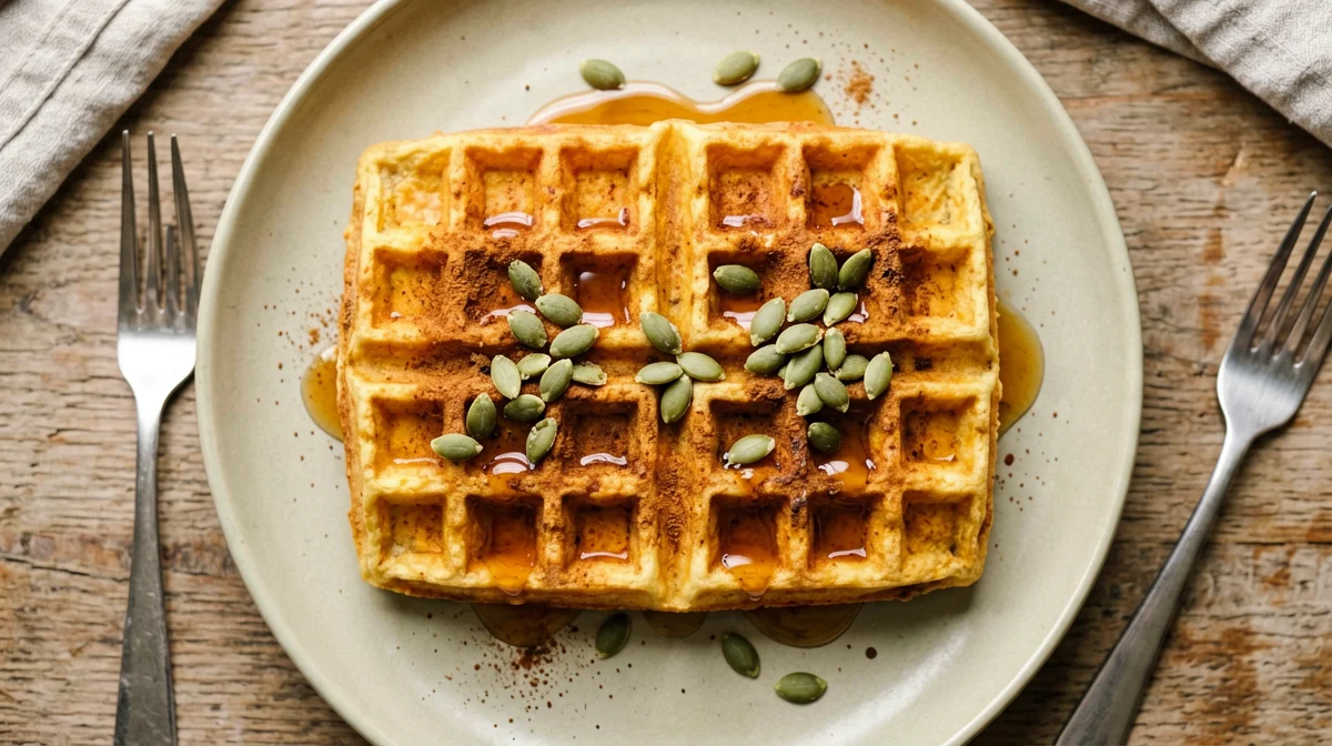 Sweet potato cinnamon waffles with maple syrup