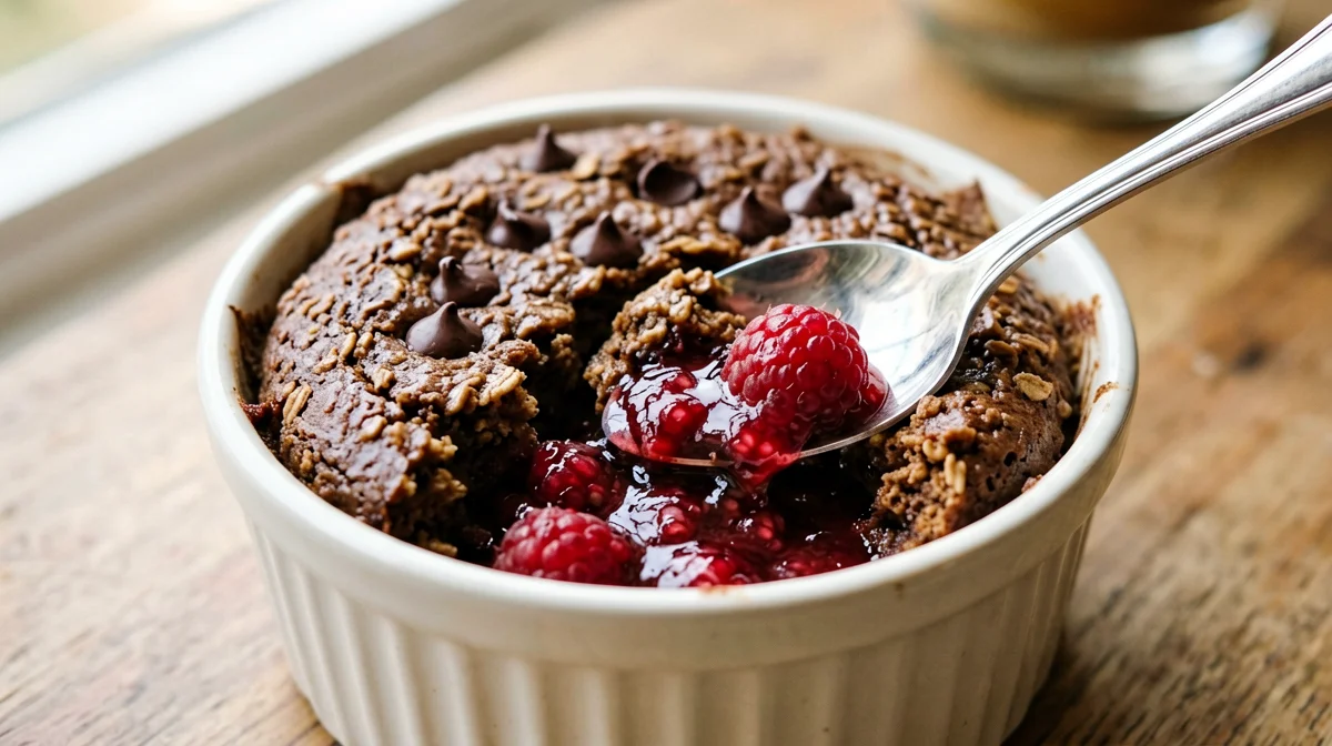 Baked oats vegani al cacao con cuore di lamponi