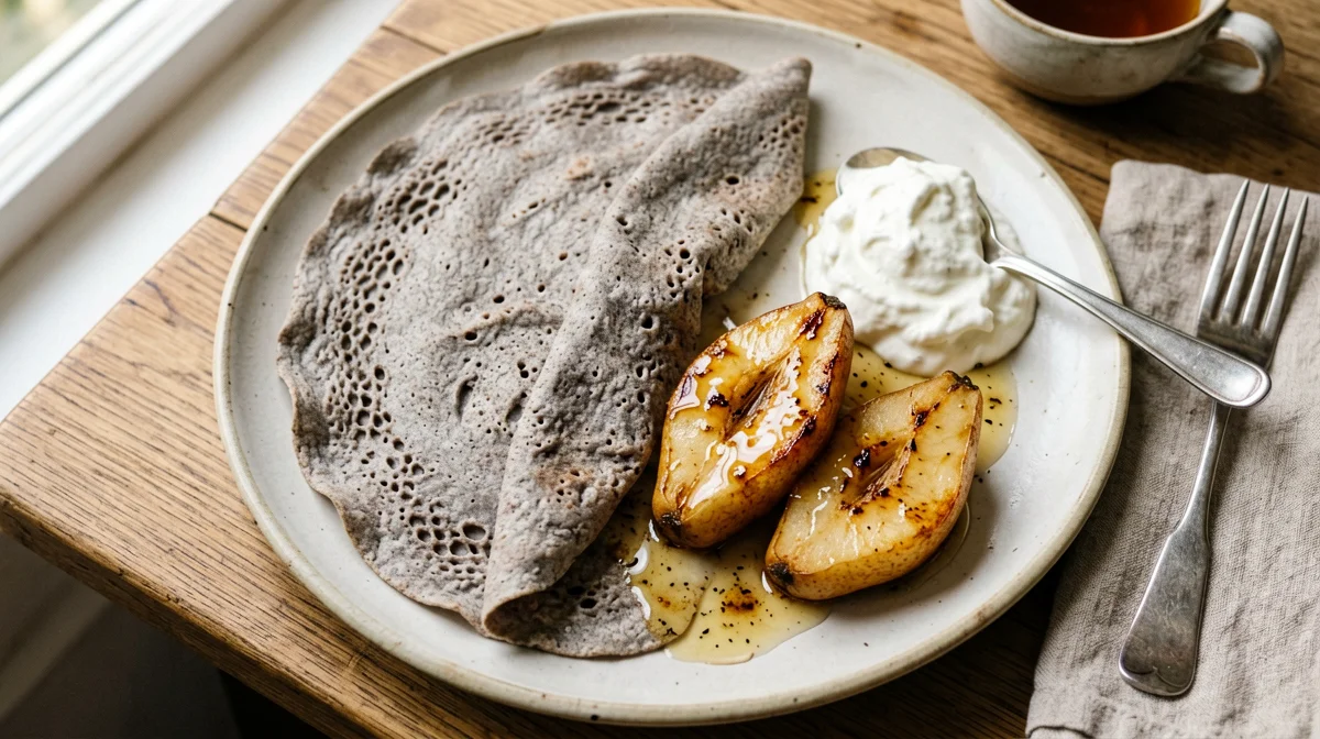 Buckwheat galette with caramelised pears