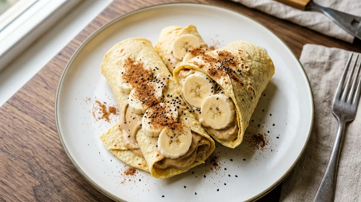 Tortilla di mais con banana, burro di arachidi e cannella
