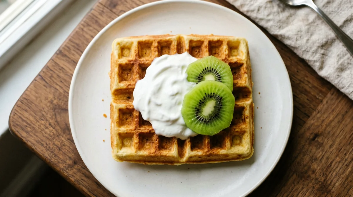 Soy flour protein waffles with soy yogurt and kiwi