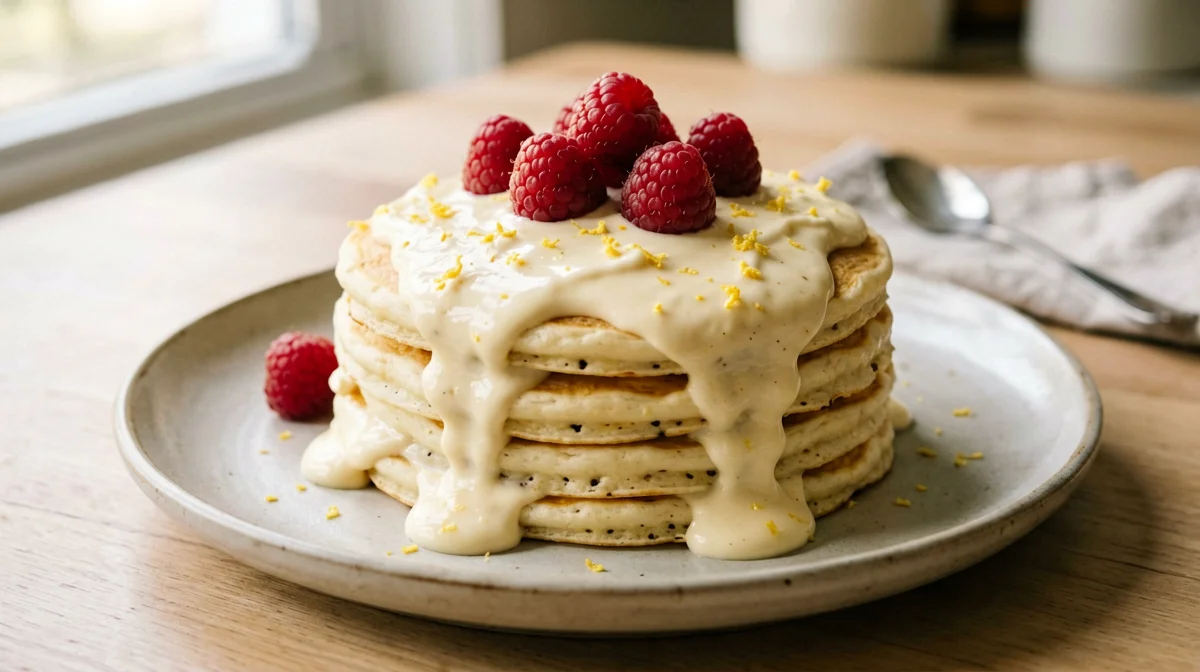 Pancake di farina di riso con crema di tofu al limone e lamponi