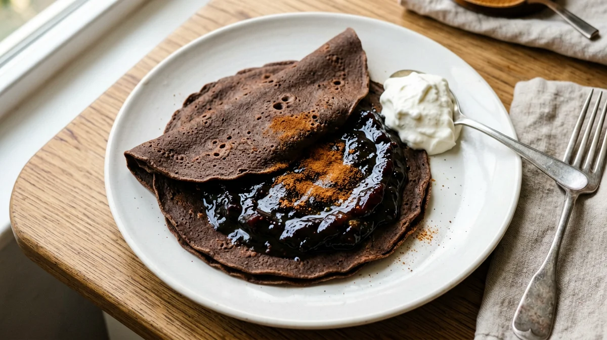 Teff crêpes with prune compote