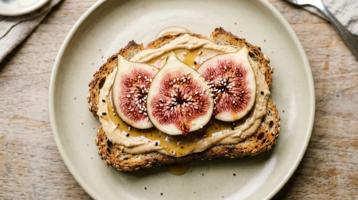 Pane ai cereali con tahina, sciroppo d'acero e fichi