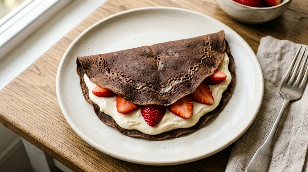 Crêpes al cacao con fragole e crema di anacardi
