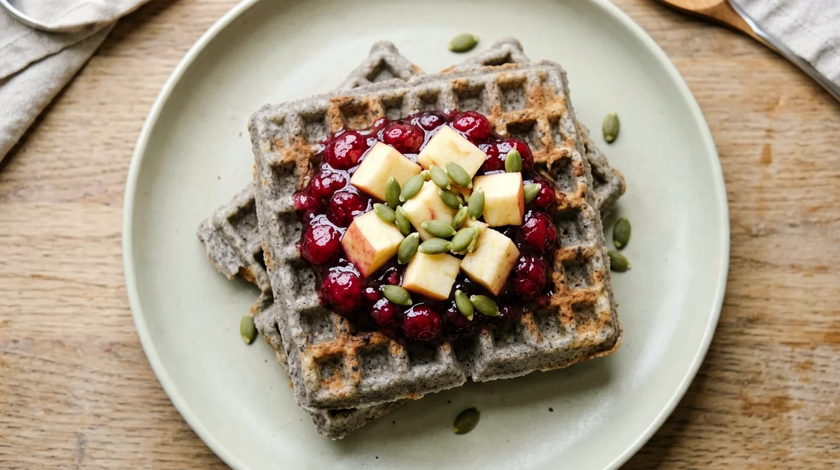 Waffle di grano saraceno con composta di mirtilli rossi e mela