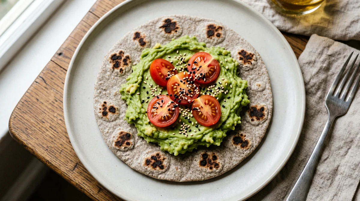 Buckwheat flatbread with avocado and sesame