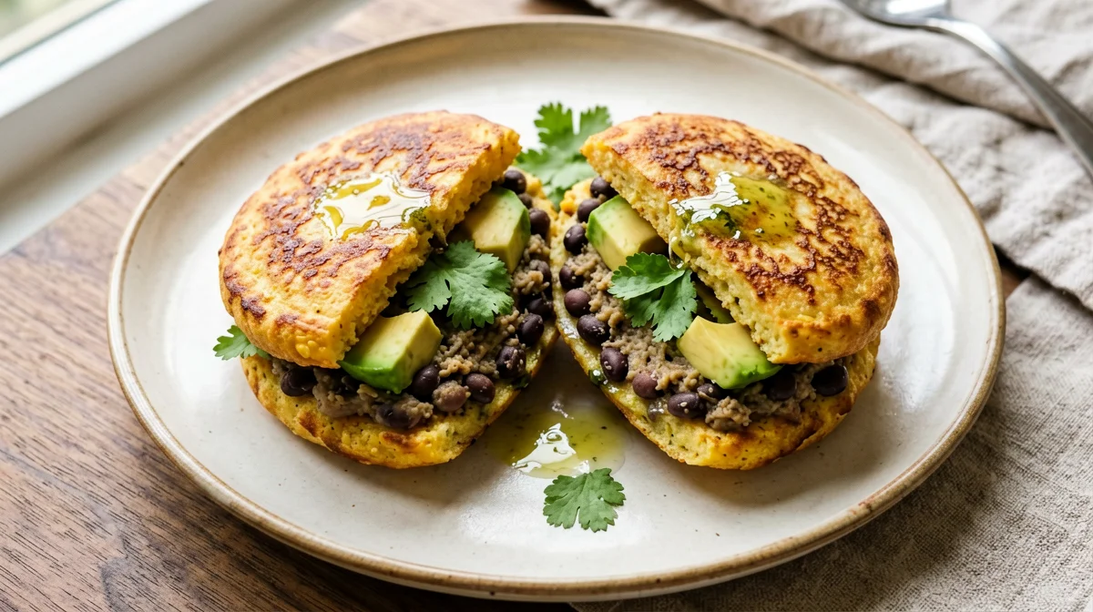 Corn arepas with black beans and avocado